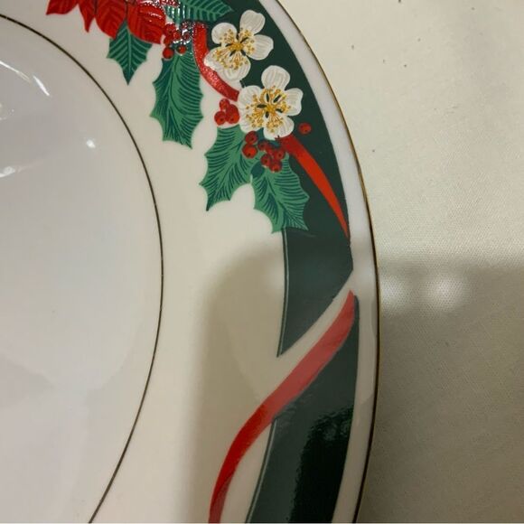 Tienshan DECK THE HALLS Set of 4 Dinner Plates Christmas Poinsettia Gold Rim - Picture 7 of 9